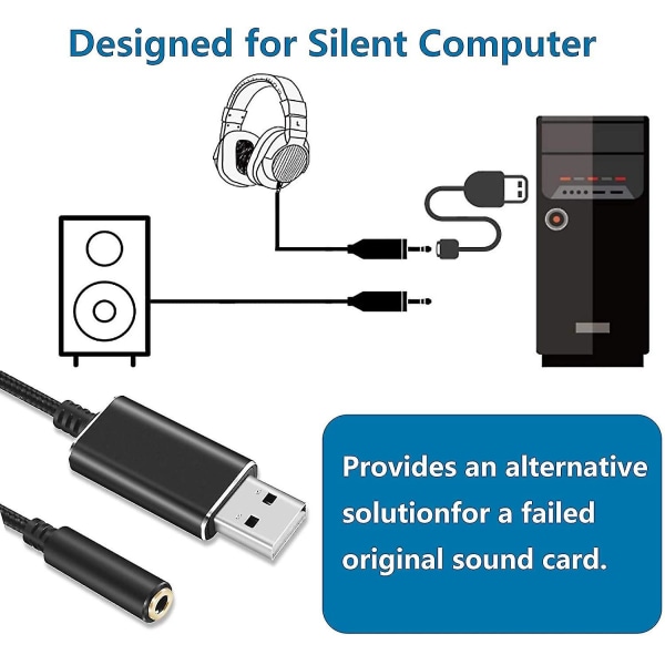 USB ljudadapter, USB till 3,5 mm ljudjackadapter, USB externt ljudkort ljudadapter med 3,5 mm hörlurs- och mikrofonuttag (svart/20 cm)