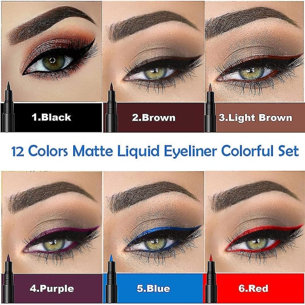 12 st Matt flytande färgad eyeliner Set Färgglada Neon Eye Liners Rainbow Eyeliner Penna Quick Dry Eyes Makeup Penna