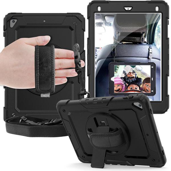 Case för iPad Air4 10,9-tums 2020 kraftigt stötsäkert case 360° roterande stativ och hand-/axelrem, svart