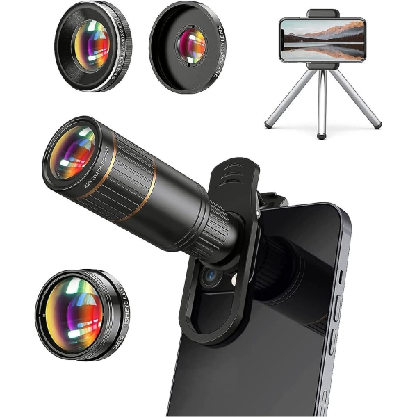 Phone Camera Lens Kit 4 i 1, Kopfus Attachment Cellphone Lins, 22x Telephoto Lins, 205 Fisheye Lins, 4k Hd 0,67x vidvinkellins, 25x makroobjektiv, Com