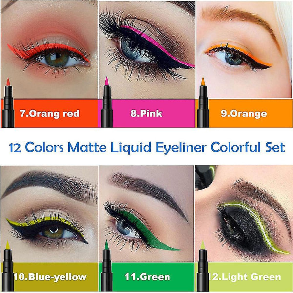 12 st Matt flytande färgad eyeliner Set Färgglada Neon Eye Liners Rainbow Eyeliner Penna Quick Dry Eyes Makeup Penna