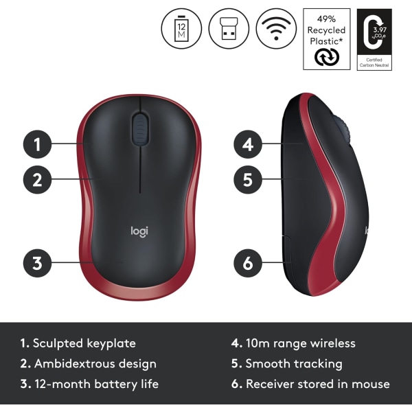 Trådlös mus, 2,4 GHz, med liten USB mottagare, ambidextrous