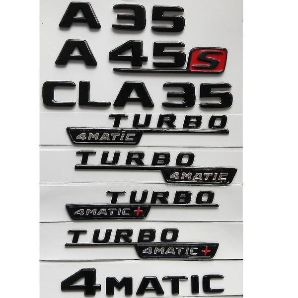 Glanssvarta bokstäver Trunk Emblem Emblem Emblem För W177 A35 A45 A45s C118 X118 Cla35 Amg Turbo 4matic Emblems