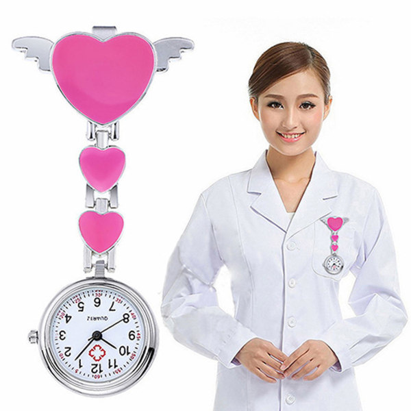 Kvinnor Lady Söt Kärlek Hjärta Quartz Clip-on Fob Brosch Sjuksköterska Watch pink