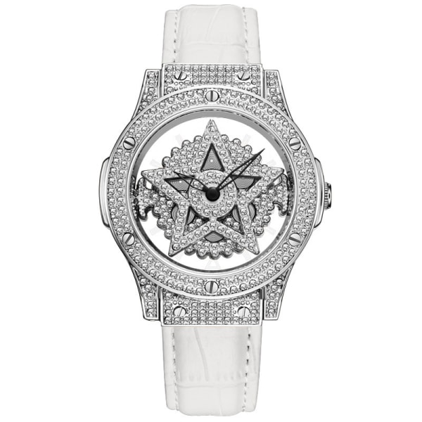 Full Diamond Watch Analog Quartz Watch med läderrem Pentagram Dial Watch white