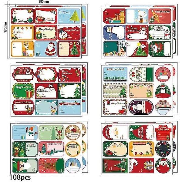 Julklappsetikett, 12 ark med juletikettklistermärken, 108 bitar presentetiketter, självhäftande juletiketter, etiketter för hantverksdekorationer