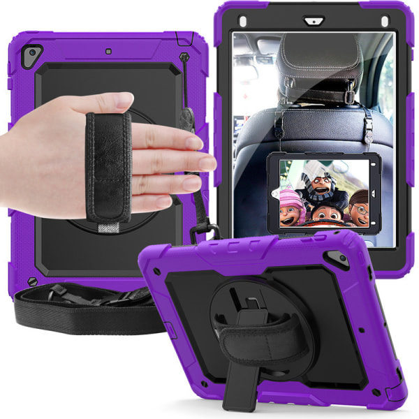 Case för iPad Air4 10,9-tums 2020 kraftigt stötsäkert case 360° roterande stativ och hand-/axelrem, lila