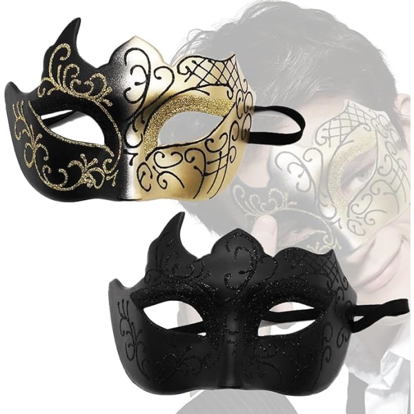2-pack glitter venetianska masker för kvinnor, maskeradmasker, lyxmasker, svart och guld, Phantom of the Opera Halvmasker