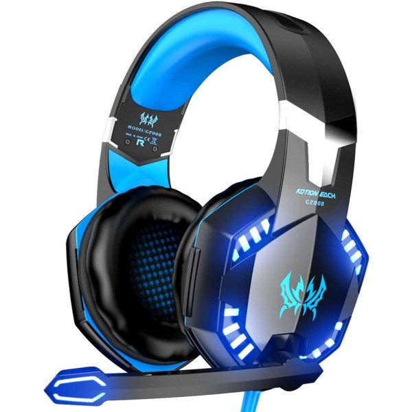 G2000 Gaming Headset, Basssurround-spelhörlurar med brusreducerande mikrofon, LED-lampor, mjuka minnesskum-öronkuddar för PS5/ PS4/ Xbox