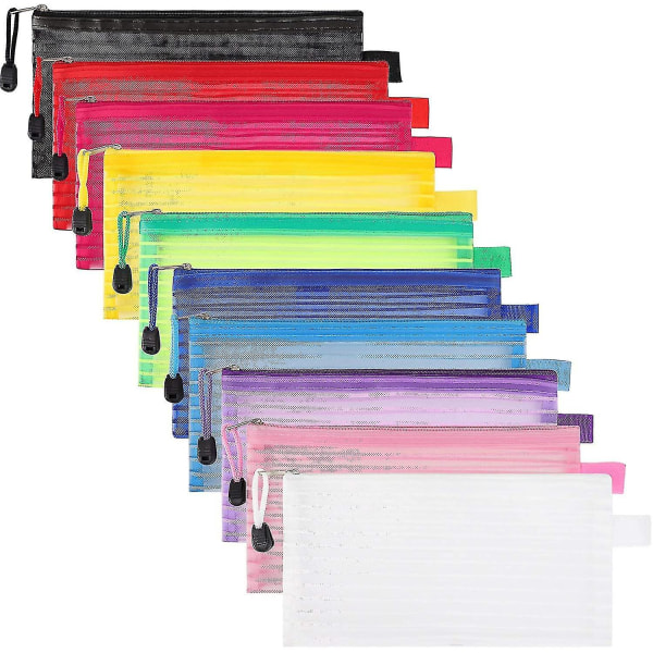 Case Genomskinlig Exam Pennspåse med 10 färger Dragkedja Mesh Nylon Pennförvaringspåse Kontorsmaterial för räkningar, kosmetika, brevpapper Multi-pu