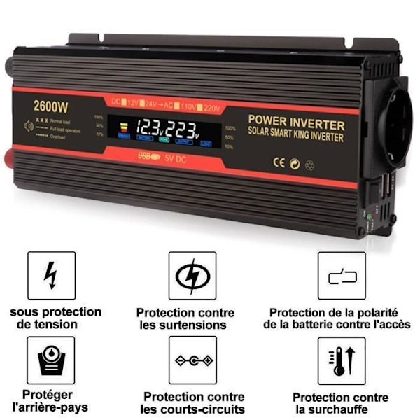 1000w Modifierad Wave Car Power Inverter, 12V till 220V Transformator, Dual USB, med LCD-skärm, för bil, etc Röd