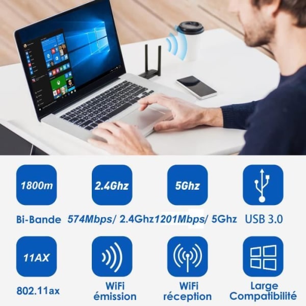 Trådlöst nätverkskort, 1800 Mbps WiFi6 USB 3.0 Adapter Dual Band 5dBi 2,4G/5Ghz för PC/laptop, kompatibel Windows, Mac