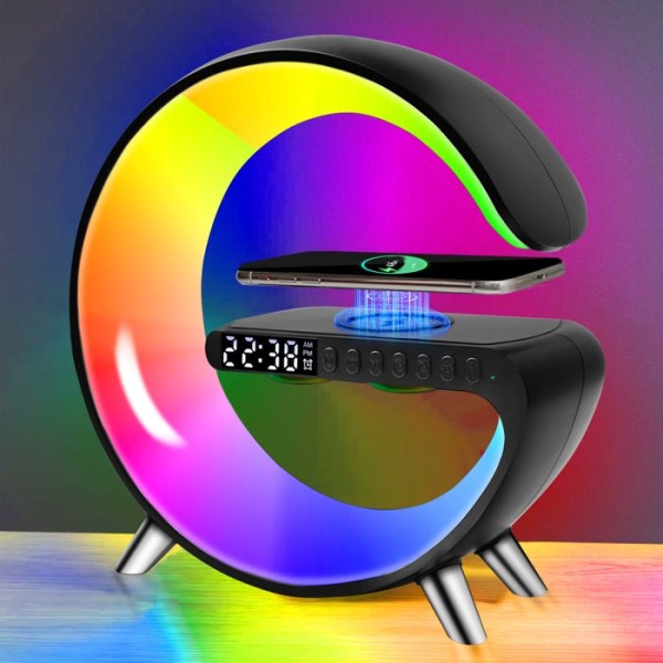 Trådlös laddare, 15w, med RGB omgivande ljus, tidsdisplay, programmerbar väckarklocka, Bluetooth-högtalare, Svart