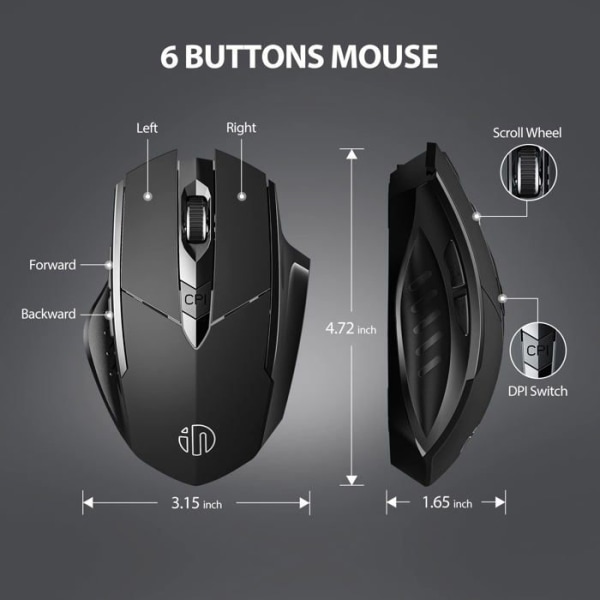 SDLOGAL trådlös mus, 2,4G uppladdningsbar trådlös ergonomisk optisk tyst mus med USB Nano-mottagare, 6 knappar, svart