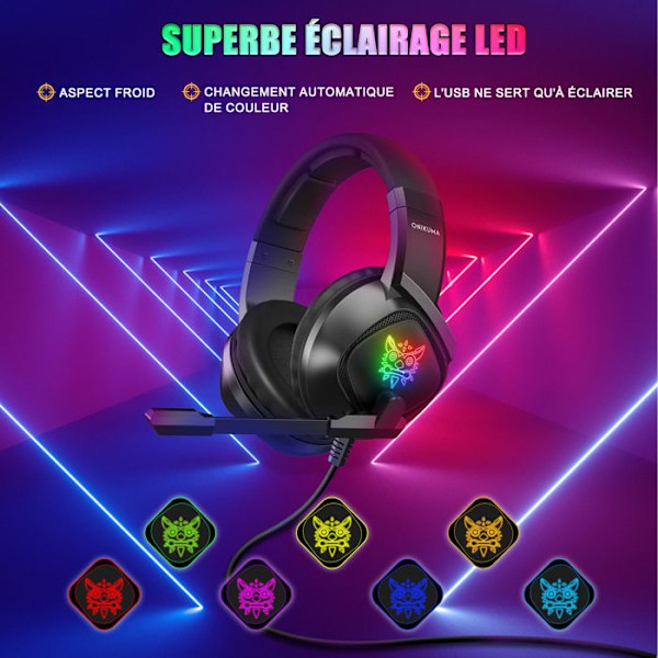 Gaming Headset, Over-Ear RGB Headset 7 färger, 50 mm givare Stereo Bas Justerbar brusreducerande mikrofon kompatibel PS5 Switch Xbox Svart