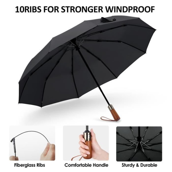 Automatiskt paraply med trähandtag, automatisk stängning, skydd mot regn, sol, vind, hållbart, etc. Svart