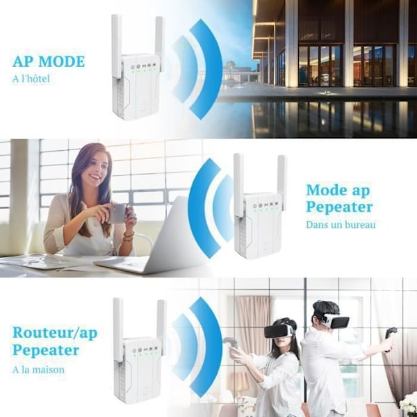 WiFi Repeater Amplifier Extender AP 1200 Mbps 2 Ethernet-port, täcker upp till 100 m, Kompatibel med alla internetboxar