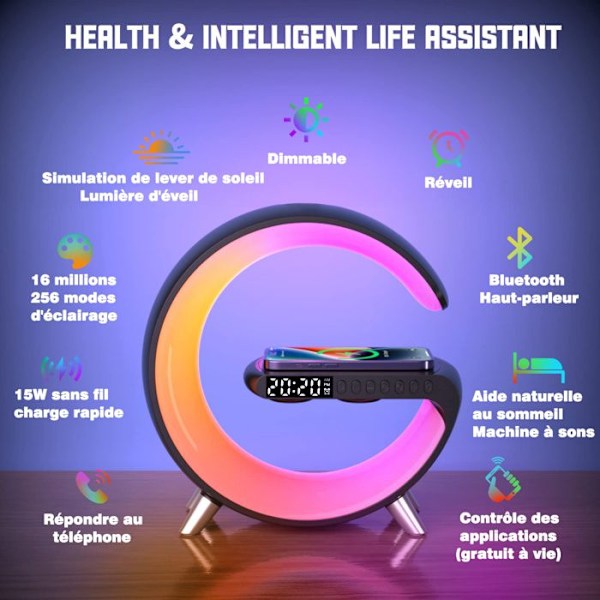 Trådlös laddare, 15w, med RGB omgivande ljus, tidsdisplay, programmerbar väckarklocka, Bluetooth-högtalare, Svart
