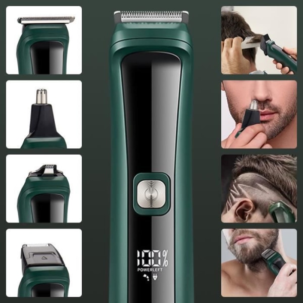 Elektrisk hår- och skäggtrimmer för män - SDLOGAL - 6 i 1 - Tillbehör ingår - Grön