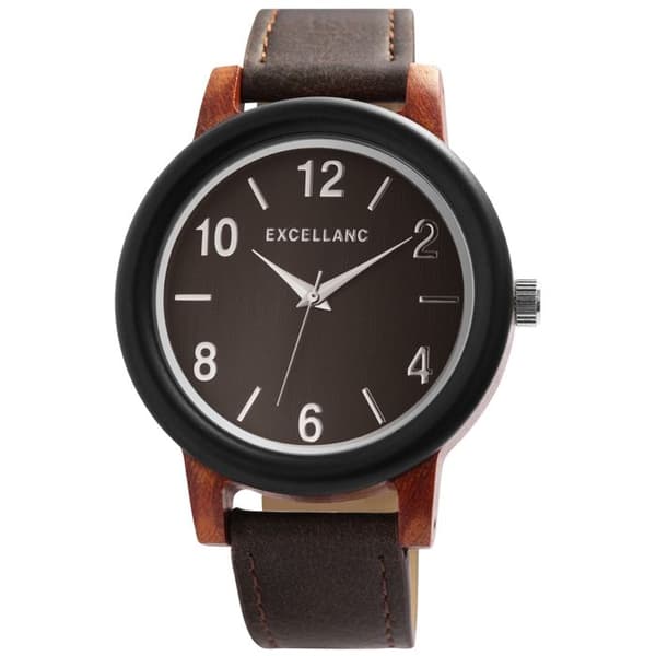Ur - EXCELLANC - EX0583 - Brun træhus - Ø45 mm - 20 mm kunstlæderrem brun