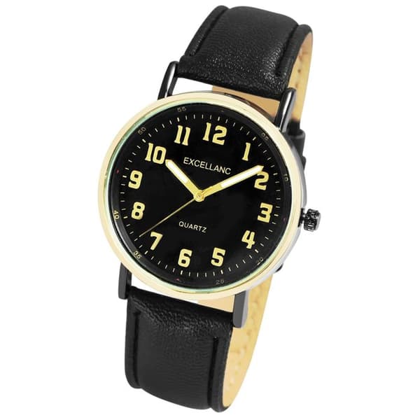 Armbåndsur - EXCELLANC - uden reference - 38 mm guldhus - sort urskive - 20 mm kunstlæderrem Svart