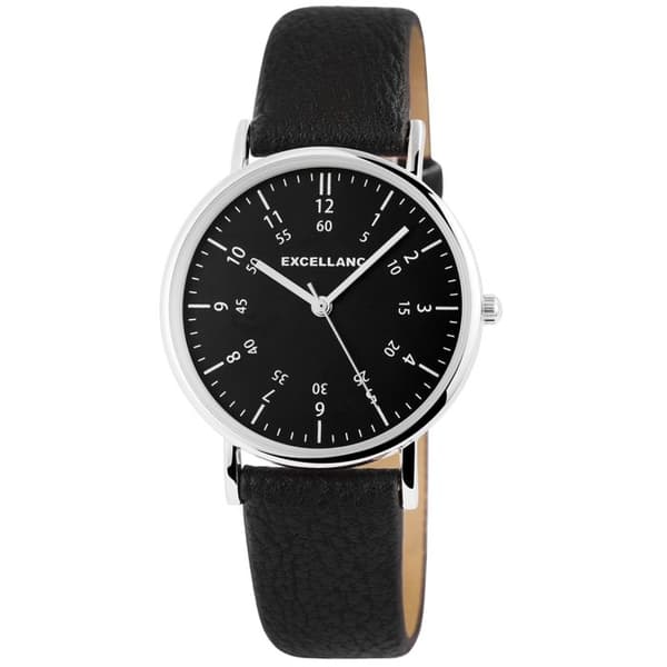 Ur - EXCELLANC - EX0507 - Kasse 36 mm sølv - Skive sort indeks & tal - Rem i kunstlæder 18 mm Silver
