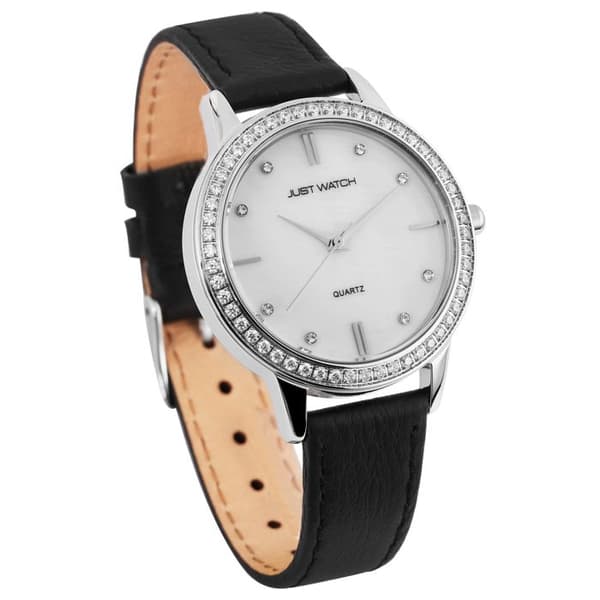 Armbåndsur - Holly - Kvinde - Perlemors skive 36 mm - Sort læderrem Silver