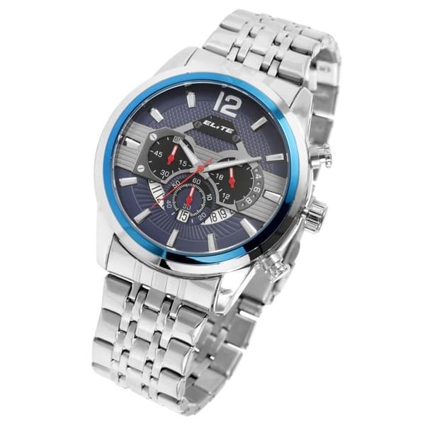 Ur - ELITE - Kronograf - Kasse 46 mm - Blå urskive - Stålarmbånd 24 mm Silver