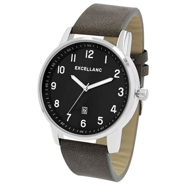 Ur - EXCELLANC - SL28 - 44 mm - Grå simili læderrem - Kvarts med dato Grå