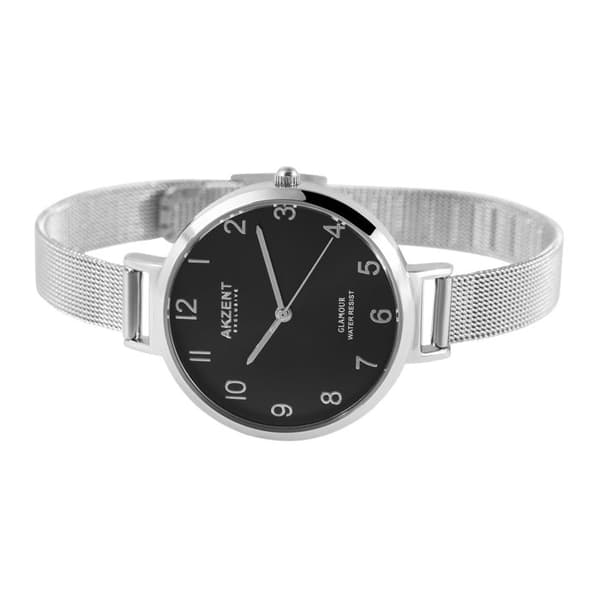 Ur - Akzent Exclusive - Urkasse 36 mm - Sort urskive - Sølv milanerkæde Silver