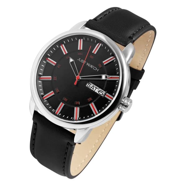 Armbåndsur - Gregory - metalhus 44 mm - sort urskive med røde indekser - læderrem 22 mm Silver