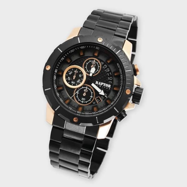 Ur - RAPTOR - Kifah - Chronograf - Armbånd i sort/guld rustfrit stål - Ø 47 mm Svart