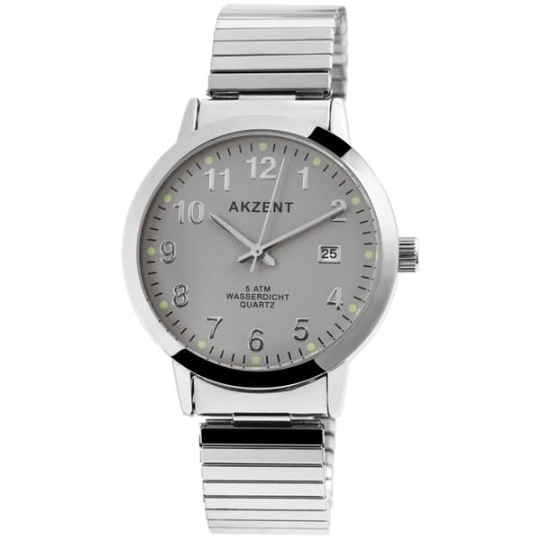 Kello - AKZENT - AK1695 - Hopea - Harmaa kellotaulu 37 mm - Laajennettava teräsranneke Silver