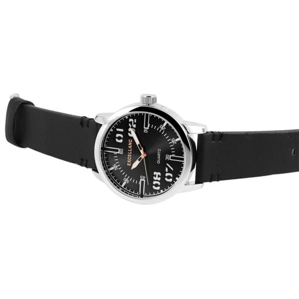 Ur - EXCELLANC - EX0361 - Metalhus 48 mm - Grå urskive - Sort kunstlæderrem Silver
