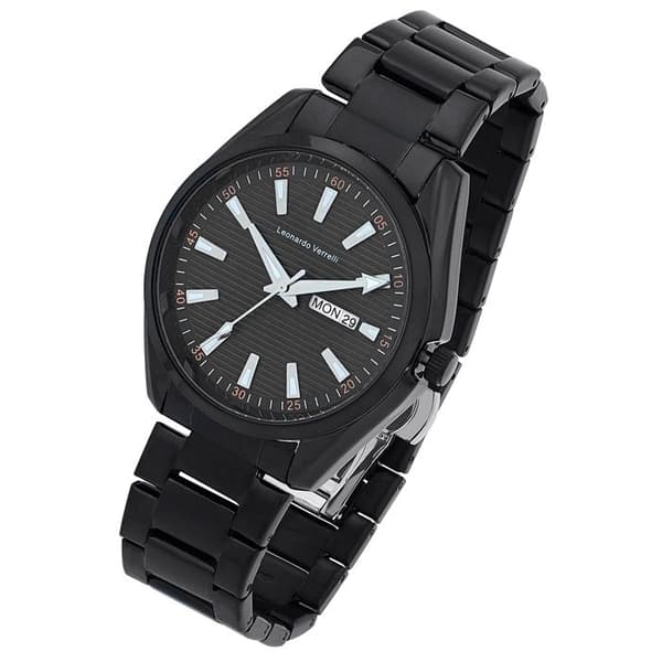 Armbåndsur - LEONARDO VERRELLI - SL28 - 42 mm - Sort rustfrit stål - Quartz, dato Svart