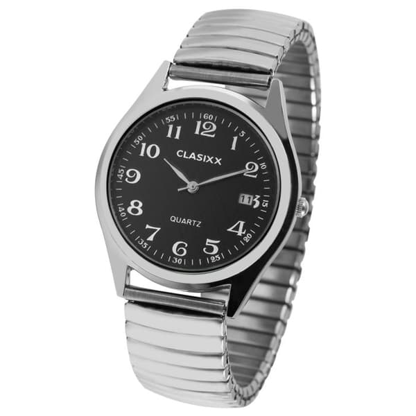 Ur - Classix - Sølv - Sort urskive - Udvideligt armbånd i rustfrit stål Silver