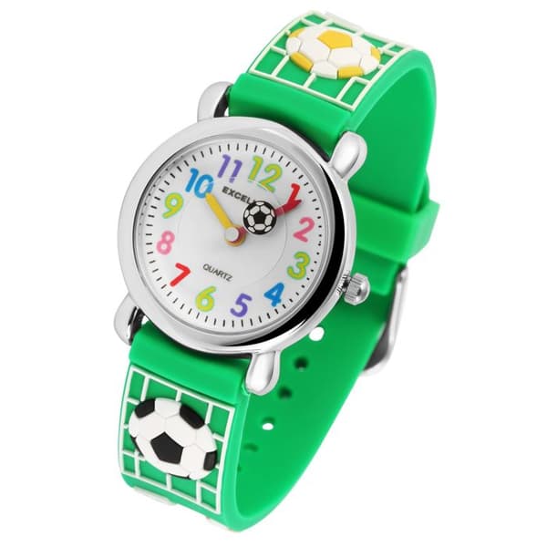 Børneur - EXCELLANC - Fodbold - Kasse 27 mm - Grøn silikonearmbånd - Quartz bevægelse PC21 Silver