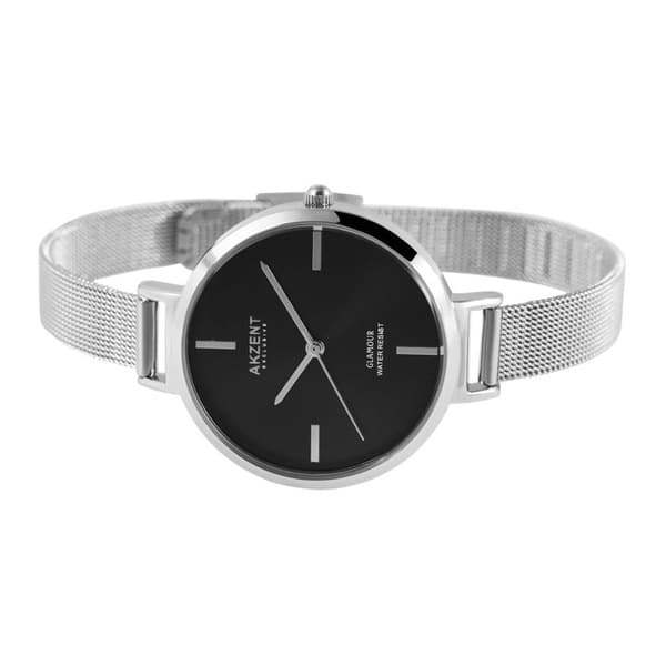 Ur - Akzent Exclusive - Sølv - Sort urskive - Inox mesh rem 36 mm Silver