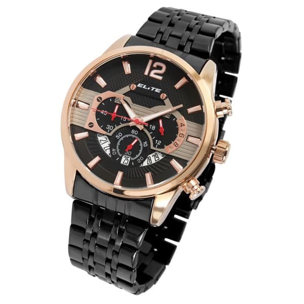 Ur - ELITE - Elite Chronograph - Sort urskive - 46 mm kasse - Sort rustfrit stål armbånd Svart