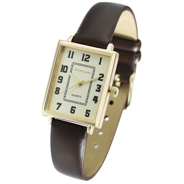Armbandsur - EXCELLANC - Excellanc Dam - Guld rektangulär klocka - Brun konstläderarmband - Quartz PC21 brun