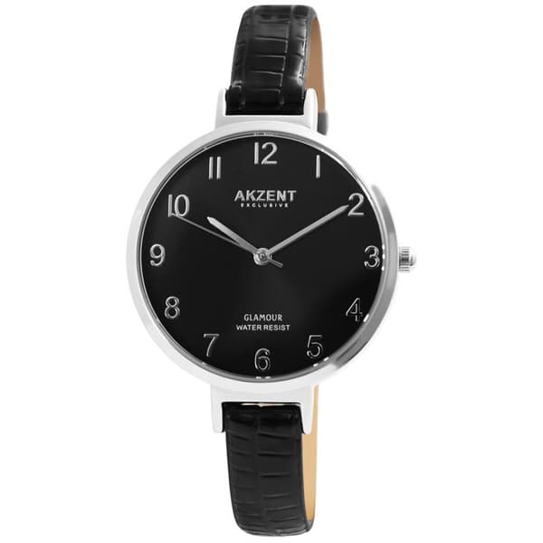 Dameur - Akzent Exclusive - Urkasse 36 mm - Grå urskive - Sort kunstlæderrem Silver