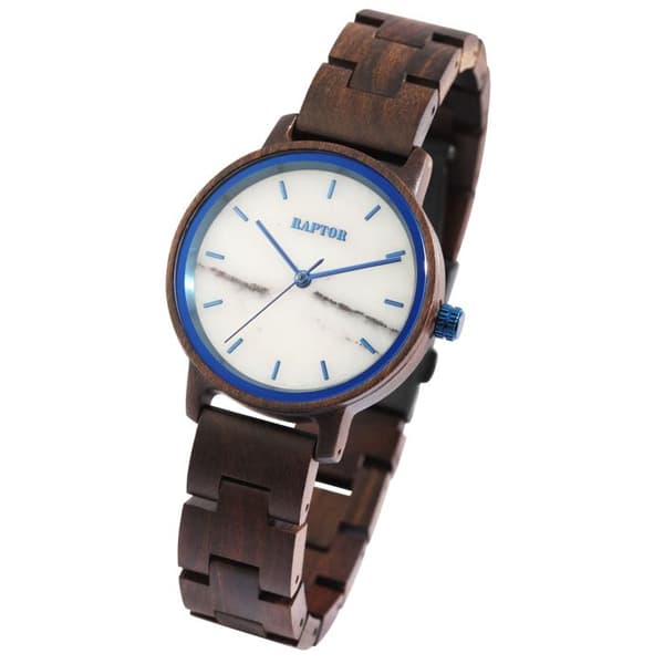 Klocka - RAPTOR - Shirine - Sandelträ - Vit marmor urtavla - Ø 36 mm brun