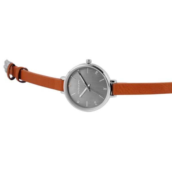 Ur - EXCELLANC - EX0316 - Metalhus 34 mm - Grå urskive - Brun kunstlæderrem Silver