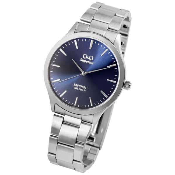 Armbåndsur - Q&Q - Superior - Rustfrit stål - Safirglas - Blå urskive 40 mm Silver