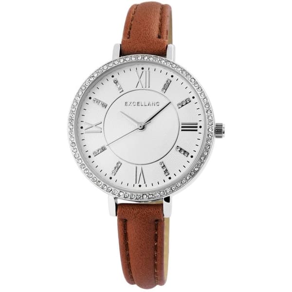 Ur - EXCELLANC - EX0369 - 39 mm - Kasse i sølvmetal - Brun kunstlæderrem Silver