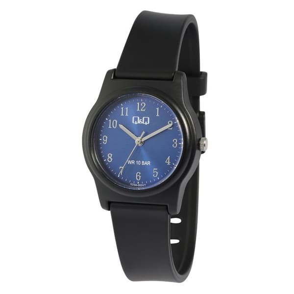 Armbåndsur - Q&Q - 30 mm - Sort silikone - Blå urskive - Vandtæt 10 bar Svart