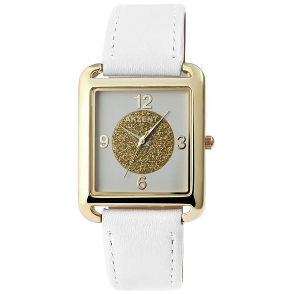 Armbandsur - Rabia - Guld - Rektangulär 32 mm - Armband i konstläder vit gyllene