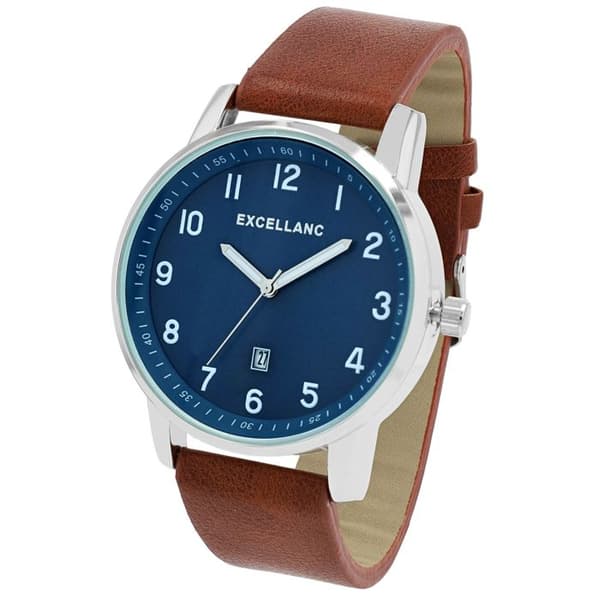 Ur - EXCELLANC - SL28 - Brun simili læderrem - Blå urskive - 44 mm kasse brun