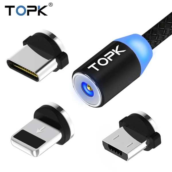 TOPK Magnetkabel 3 i 1 USB C, Lightning & Micro USB, 2.1A - 1m
