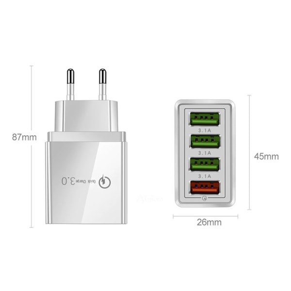 Strömadapter med 4 st USB-A Portar 3A QC 3.0